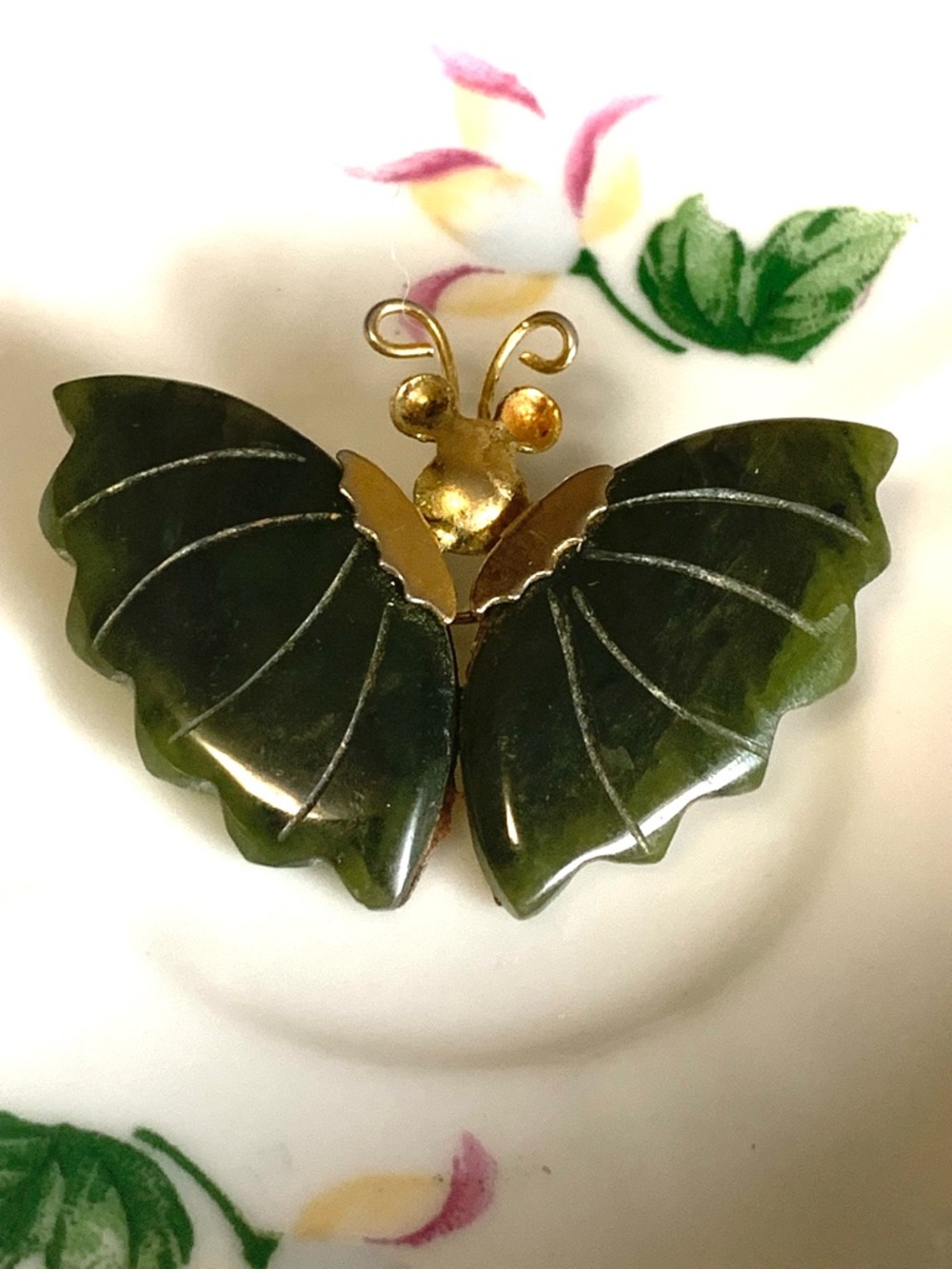 Vintage Gold & Dark Green Jade Butterfly Brooch